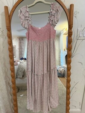 LoveShackFancy Pink Floral Ruffle Strap Maxi Dress
